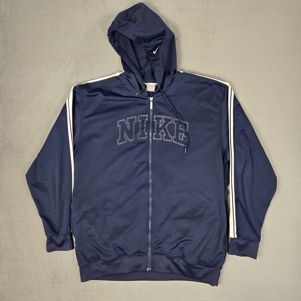 Vtg Nike Hoodie Mens 2XL Spell Out Mens Track Jacket Full Zip Navy Blue Y2k